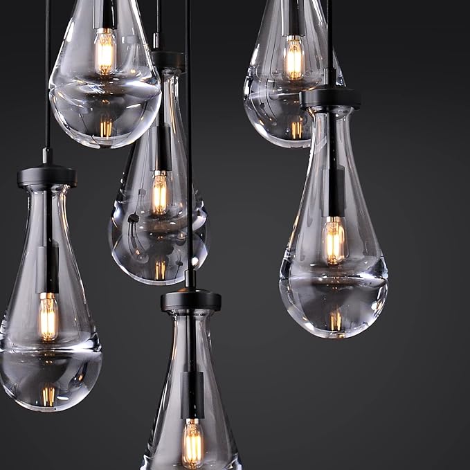 7 Light Raindrop Chandeliers, Bronze Teardrop Cluster Pendant Lights Kitchen Island, Black Dining Room Chandelier Over Table Hanging Pendant Lighting for High Ceiling, Entryway Staircase