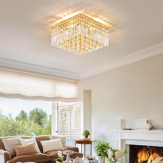 4-Light Gold Crystal Chandeliers Flush Mount Chandelier Light Fixture with K9 Crystals Modern Ceiling Lights Elegant Square Lamp for Bedroom,Hallway,Bar,Living Room,Dining Room,H5.9 xW13.7