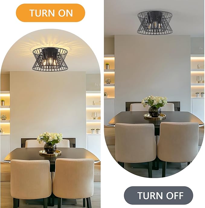 3-Lights Black Ceiling Light Vintage Geometric Chandelier Light Fixture Adjustable Metal Semi Flush Mount Lighting for Kitchen Room Dining Room Foyer