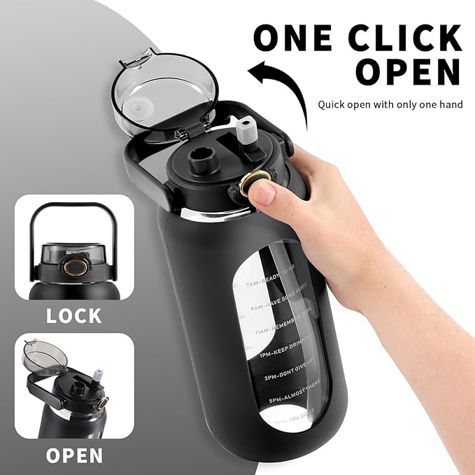 64oz Glass Water Bottle with Straw and Handle - Half Gallon Motivational Water Jug with Time Marker and Silicone Sleeve, Leak proof Wide Mouth Water Flask for Gym, Sports, and Daily Use (Black)
