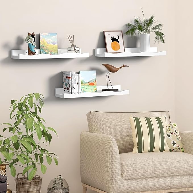 AZSKY Floating Bookshelf for Kids, Picture Ledge Shelf for Wall Decor and Storage 16 Inches Nursery Book Shelves Set 3, Baby Book Shelf for Kids Room Decor(White)