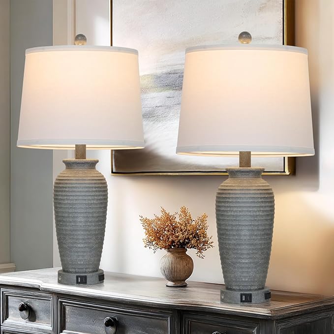 25" Grey Vintage Table Lamp Set of 2 Farmhouse Jar Table Lamps for Living Room，Touch Bedside Lamps with USB A+C Ports & AC Outlet, Pot Nightstand Lamps for Bedroom Living Room (LED Bulbs Included)