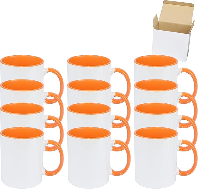 11oz White Ceramic Sublimation Coffee Mug in White Gift Box, Orange, Case of 12