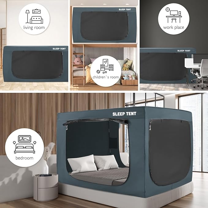 BORNA Bed Tent Full Bed Canopy for Indoor Portable Light Reducing Sleeping Canopy for Kids and Adult,Bunk Blackout Tents Breathable Privacy Space Tent Mosquito Netting for Bed(Navy Blue)