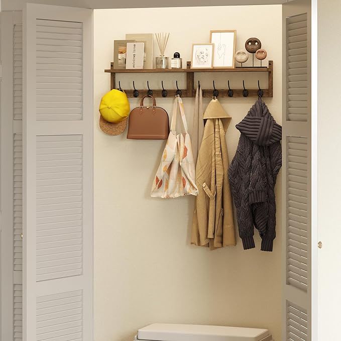 AMBIRD 34.2 inch Wooden Extra-Long Wall Hook Rack with Shelf - Versatile and Decorative Wall-Mounted Storage - 10 Hooks for Hanging Coats, Hats, Scarves - Ideal for Entryways, Bedrooms, Closets