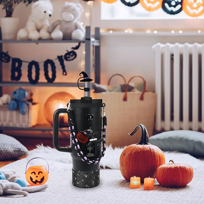 BELSITA Stanley Cup Accessories Set, Black Dog Chain Braided Design Water Bottle Handle Strap, Black Glitter Silicone Stanley Cup Boot, Stanley Charms for Stanley Cup 30/40oz Tumble(Halloween 1)