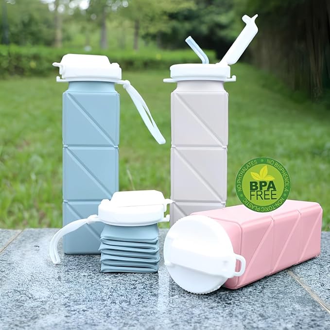 620ml Silicone Foldable Water Bottle with Straw Lid - Lightweight, Reusable, & Leakproof for Travel, Camping, Hiking, & Sports (PINK)