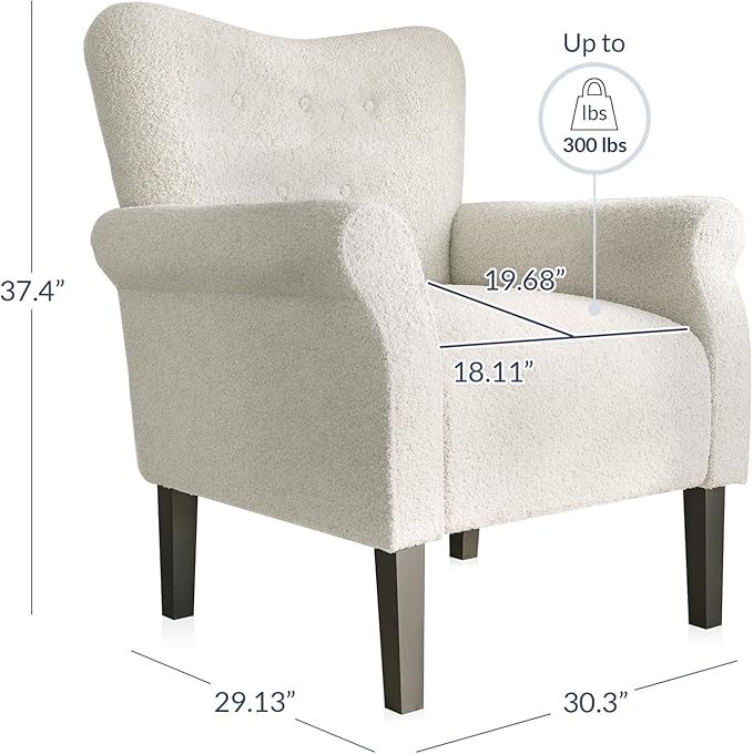 BELLEZE Modern Accent Chair for Living Room, High Back Polyester Armchair with Wooden Legs, Upholstered Wingback Side Chair Padded Armrest Single Sofa for Living Room, Bedroom - Allston (White)