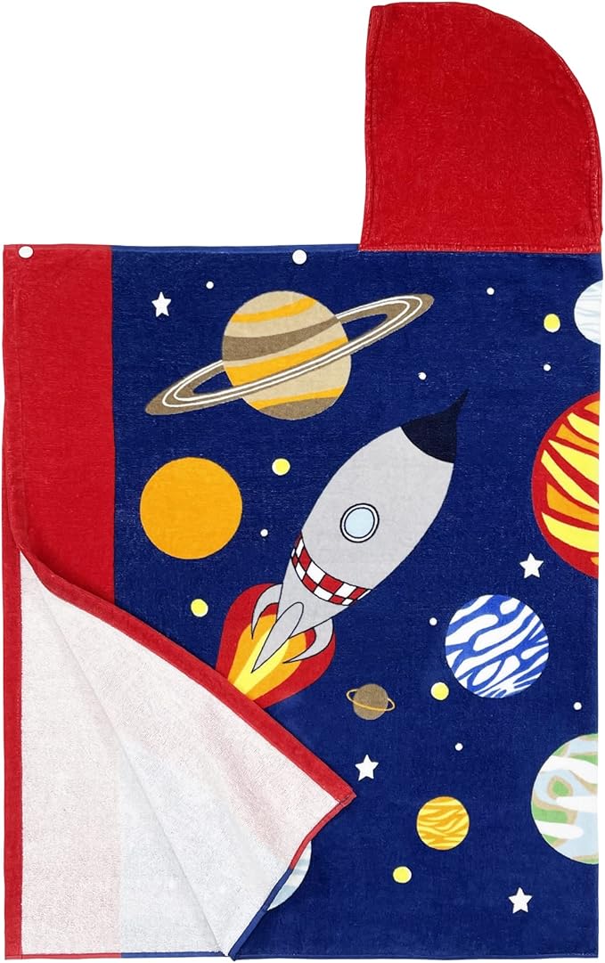 Beach Bath Towel with Hood for Kids Boys Girls 3 to 12 Years, Oversized 50"x30", Super Soft Absorbent Cotton for Bath/Pool/Beach Swim Cover-ups Bathrobe, Starry Sky with Drawstring Bag