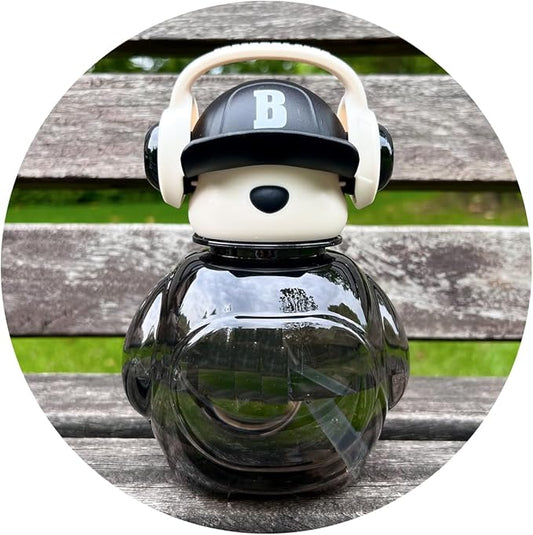 Black Leak-Proof Water Bottle with Flip Top Reusable Plastic Drinking Bottle for School, Gym and Workout (Bear with Earphone)