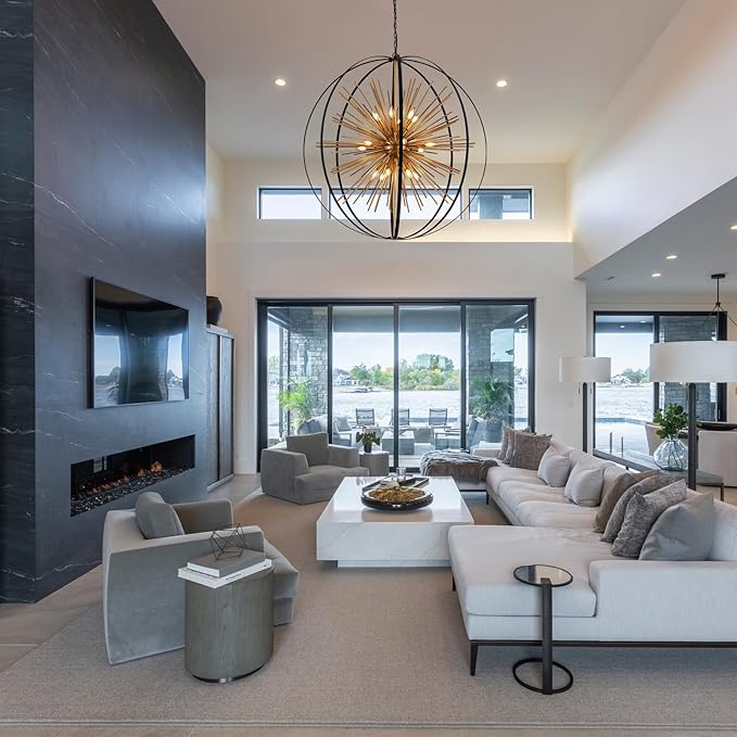 43.3" Black Gold 18-Light Globe Sputnik Chandelier Modern Adjustable Hanging Ceiling Firework Pendant Light Fixture for Entryway Foyer Stairway Kitchen Dining Living Room Hallway