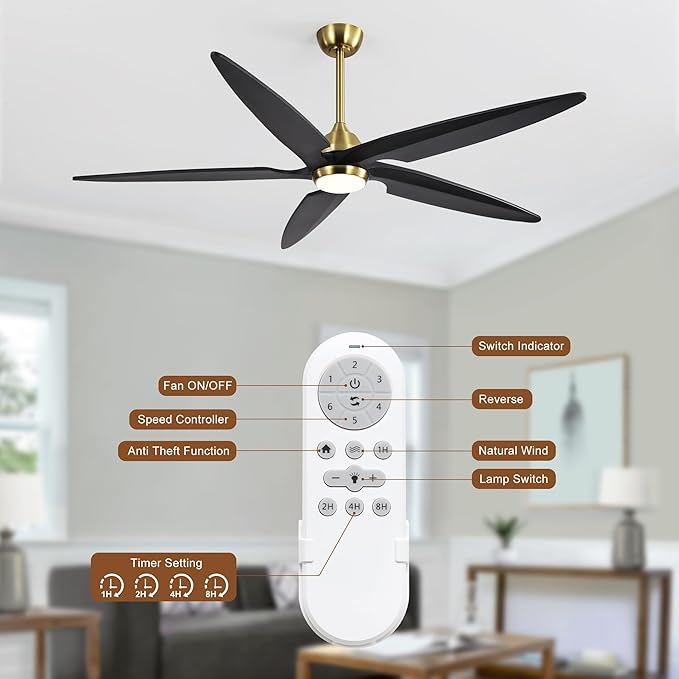 54 Inch Modern Ceiling Fan with Lights and Remote, 5 Wood Blades, 6-Speed Noiseless Reversible DC Motor with Replaceable Downrods for Bedroom Living Room Dining Room, Gold and Black.