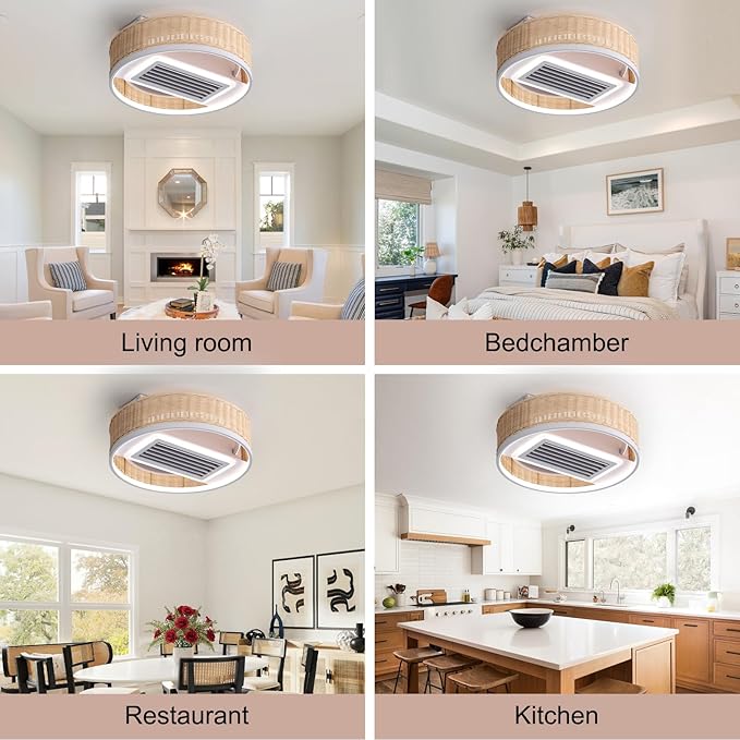19.7''Mondern LED Bladeless Ceiling Fan, Smart Low Profile Ceiling Fan with Light, Rattan Boho Flush Mount Ceiling Fan, Dimmable Bedroom Ceiling Lights with Reversible Fans (Wood)