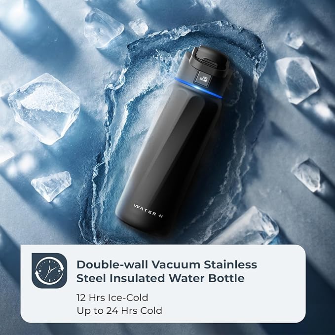 BOOST Smart Water Bottle with Reminder to Drink Water & Water Tracker Bottle - Double Wall Vacuum Insulated Water Bottle Stainless Steel, Wide Mouth 32 oz Water Bottles, Ideal for Gift - Black