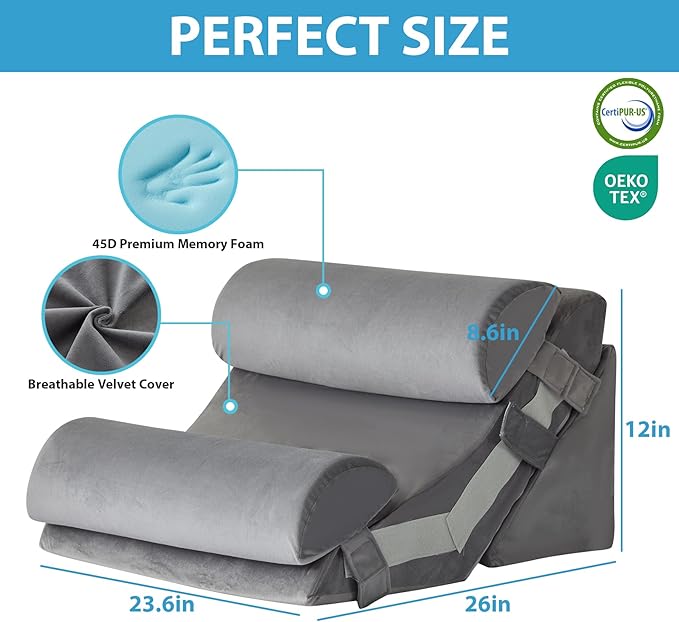 4pcs Orthopedic Bed Wedge Pillow Set, Memory Foam Post Surgery Pillow for Back, Leg Pain Relief, Adjustable Pillow Wedge for Sleeping, Bed Sitting up, Acid Reflux, GERD & Snoring, Grey
