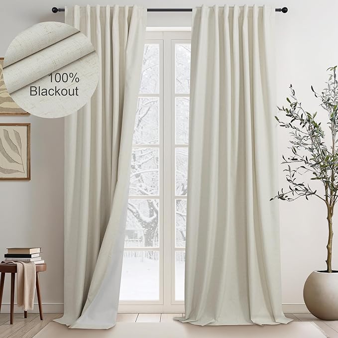 Beige Linen Curtains Boho Textured 100% Blackout Burlap Curtains 86 Inch Length 2 Panels Set Thermal Insulated Country Curtain for Living Room Bedroom Darkening Rustic Farmhouse Drape 52x86 Long