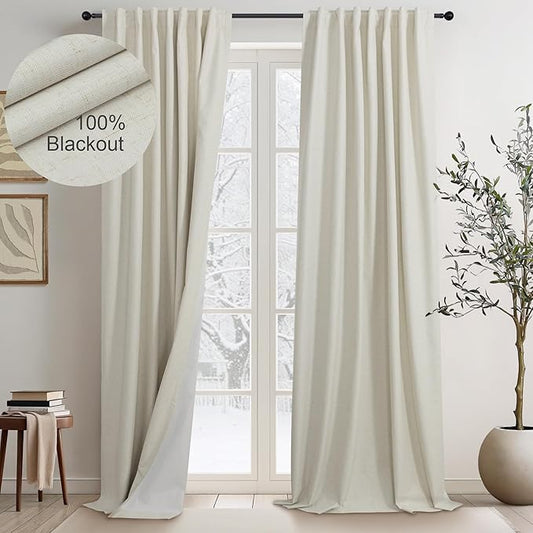 Beige Linen Curtains Boho Textured 100% Blackout Burlap Curtains 86 Inch Length 2 Panels Set Thermal Insulated Country Curtain for Living Room Bedroom Darkening Rustic Farmhouse Drape 52x86 Long