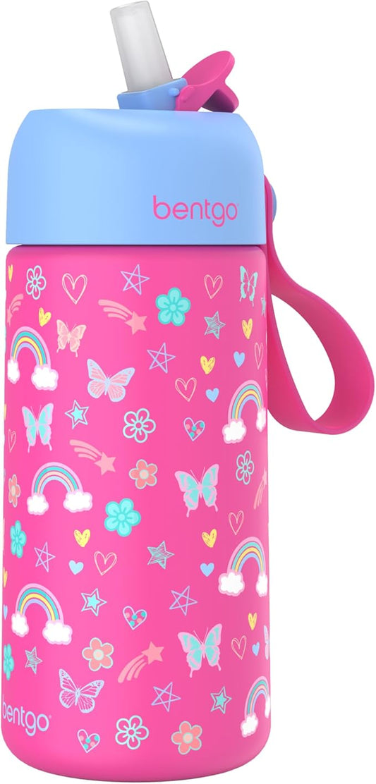 Bentgo® Kids Stainless Steel Insulated Water Bottle - Leak-Proof; Keeps Cool for 12 Hours; Durable, BPA-Free, Dishwasher Safe 14 oz. Cup for Ages 3+ for School/Sports/Daycare (Rainbows & Butterflies)