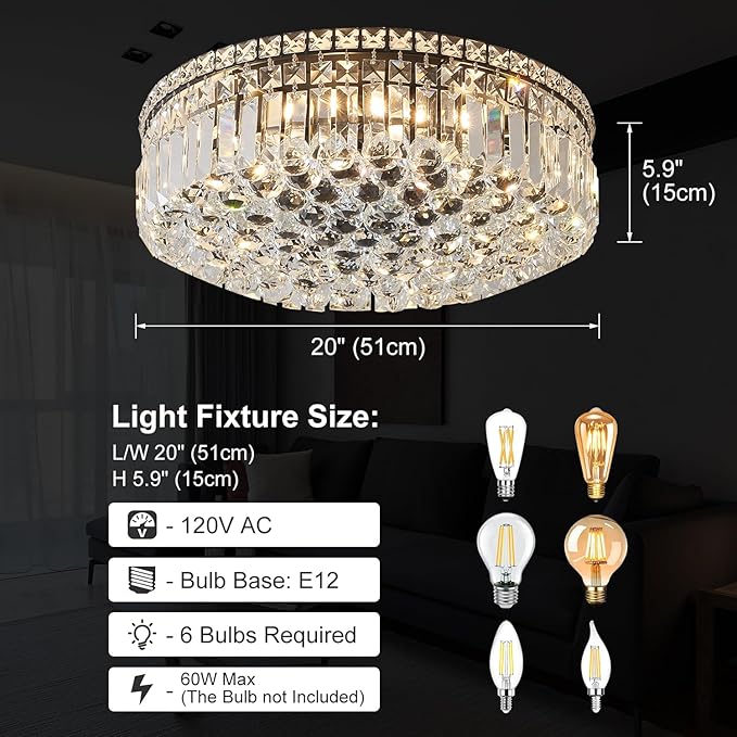 6-Lights Black Crystal Flush Mount Chandelier Light Fixture K9 Crystals Modern Ceiling Lights Elegant Pendant Lamp for Bedroom,Hallway,Bar,Living Room,Dining Room,H5.9 xW20 (Bulbs Not Included)