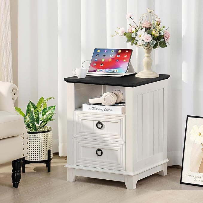 18" Farmhouse Night Stand with Charging Station, 2 Drawers End Table Dresser for Bedroom, White Wooden Nightstand, Bed Side Table with Open Shelf, Bedside Cabinet for Living Room, Closet