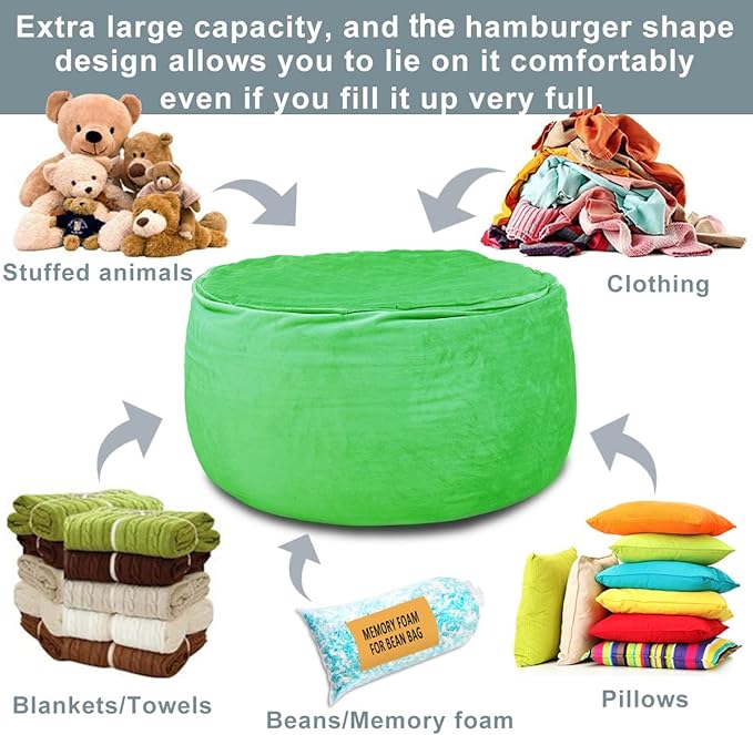 Bean Bag Chair Cover, Stuffed Animal Storage, Plush Toys Organizer Holder, Beanbag Chairs Cover for Kids Teans and Adults Super Soft and Comfortable Fabric X-Large with Handle and Zipper -Round Green