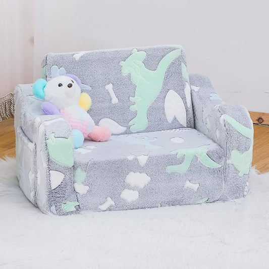 Baby Toddler Sofa Couch for Kids Foldable 2-in-1 Toddler Fold Out Couch Bed for Playroom Pull Out Children Convertible Sofa to Lounger Sleeper Chair for Boys & Girls with Side Pockets, Dinosaur