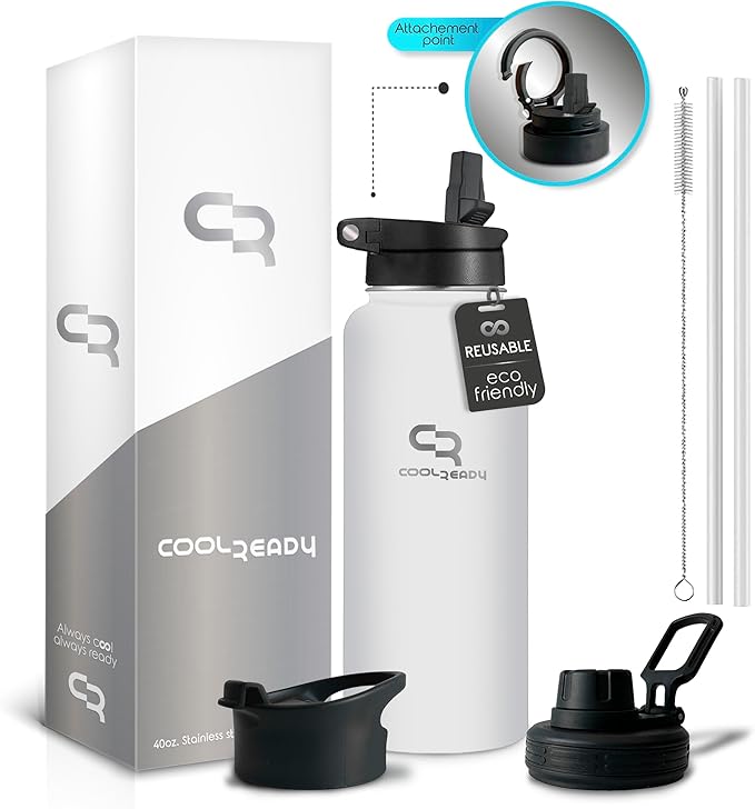 40oz Insulated White Water Bottle With Straw and Handle Lid, Thermos Coffee, Chug Lid - Double Walled Stainless Steel - Metal Water Bottle for Gym, Water Bottles Aesthetics