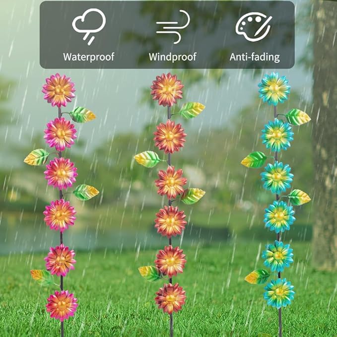 3Pack Flowers Decorative Garden Stakes,Spring Outdoor Metal Flowers Decorations,Metal Yard Art for Outside Patio Porch Decor（22.6 * 5.1IN）