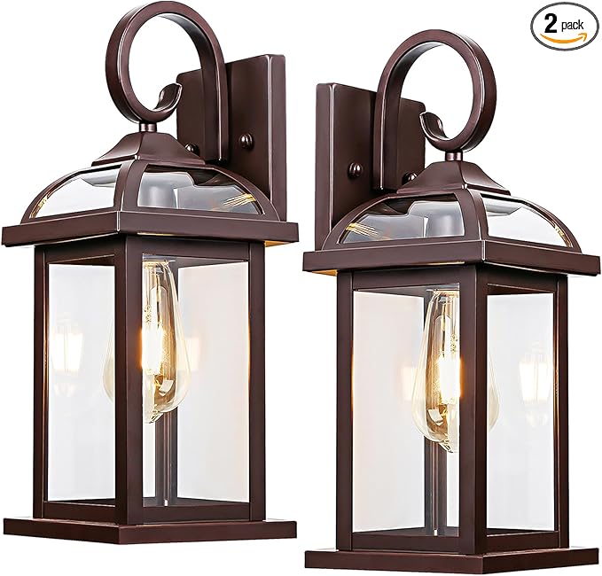 Bronze Outdoor Wall Lanterns Aluminum Anti-Rust Porch Lights 2-Pack, Exterior Light Fixtures IP65 Waterproof Clear Glass Brown Outdoor Sconces Lamps Wall Mount, Oil Rubbed Bronze