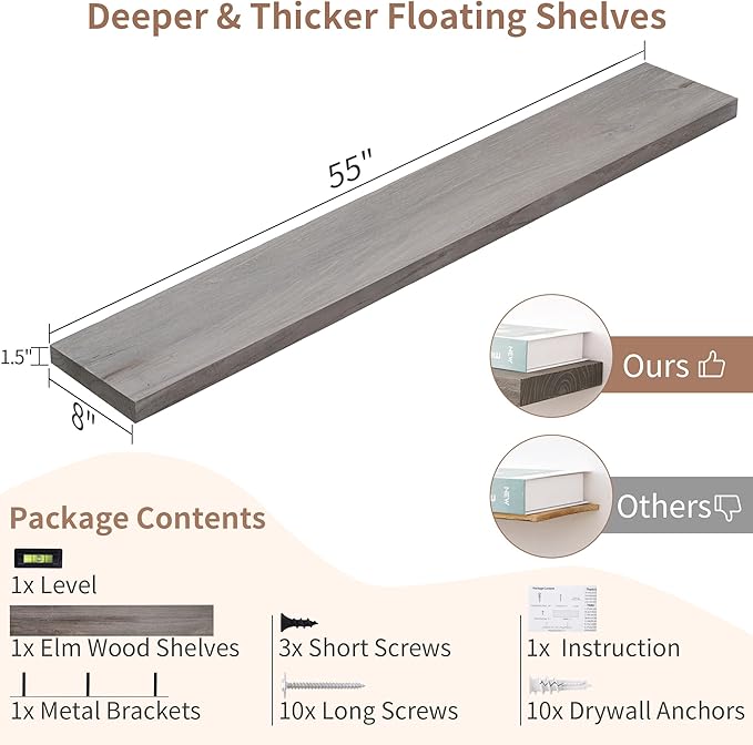 Axeman Floating Shelves for Wall, Rustic Elm Wood 56'' W x 8" D Wall Shelf with Invisible Bracket, Large Long Wall Mounted Storage Shelves for Living Room, Bedroom, Kitchen, Bathroom Decor, Grey