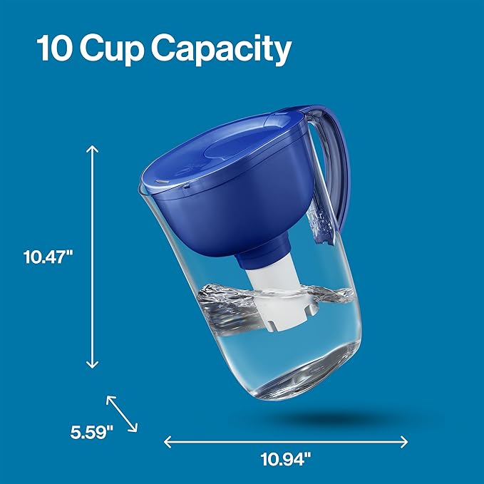 Brita Large Water Filter Pitcher for Tap and Drinking Water with SmartLight Filter Change Indicator, Includes 1 Standard Filter, BPA-Free, Lasts 2 Months, 10-Cup Capacity, Mazarine Blue