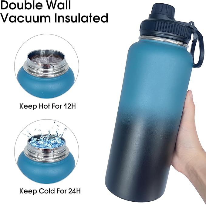 4pack 32 oz Insulated Water Bottle With Straw, Stainless Steel Sports Water Cup Flask with 2 Lids, Wide Mouth Travel Thermal Mug,Navy Black