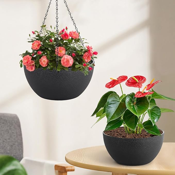 10 inch Hanging Planters for Indoor Plants, 2 Pack Planters for Outdoor Plants with Drainage Holes and Chain, Round Plastic Hanging Baskets, Hanging Flower Pots for Balcony Garden Decor-Black