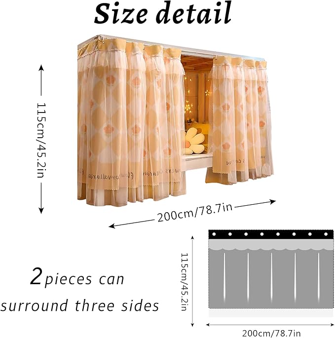 Beautiful Gauze Bunk Bed Curtains Drapes with Lace Privacy Bed Canopy for Bottom, 2 Panels, Orangeflower