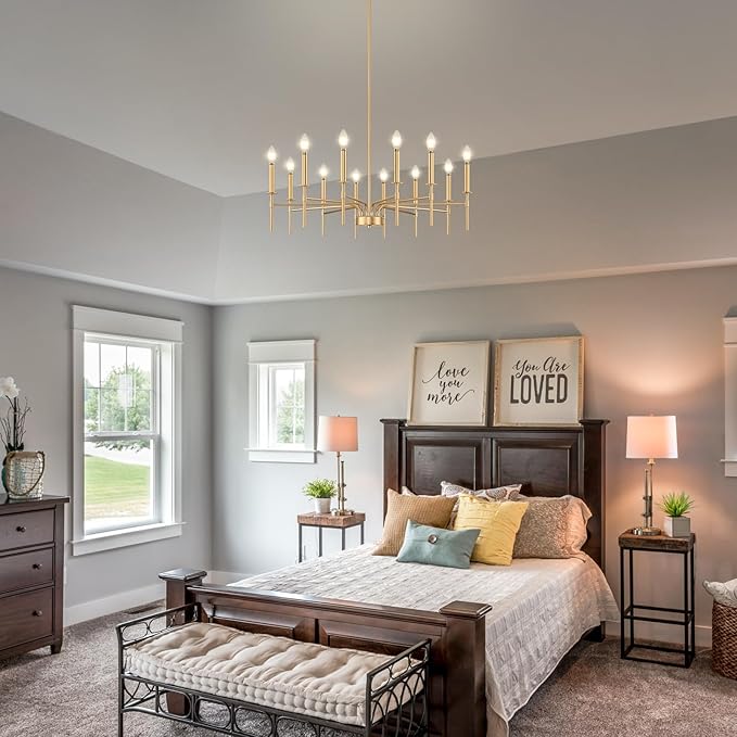 12 Light Gold Chandelier Light Fixture, Modern Farmhouse Chandeliers for Dining Room Light Fixture, Metal Candle Pendant Chandelier for Foyer Entryway Stairs Living Room Bedroom Kitchen