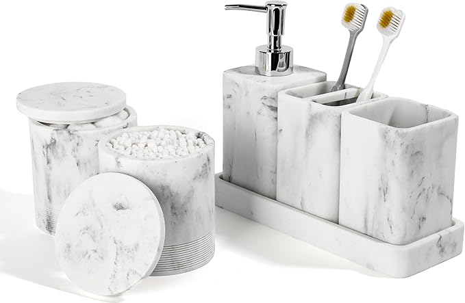Bathroom Accessories Set, 6 Piece Bathroom Set with Toothbrush Holders, Soap Dispenser, Vanity Tray, Tumbler, Cotton Swab Jars, Bathroom Organizer，Bathroom Sink Sets, Artificial Marble White