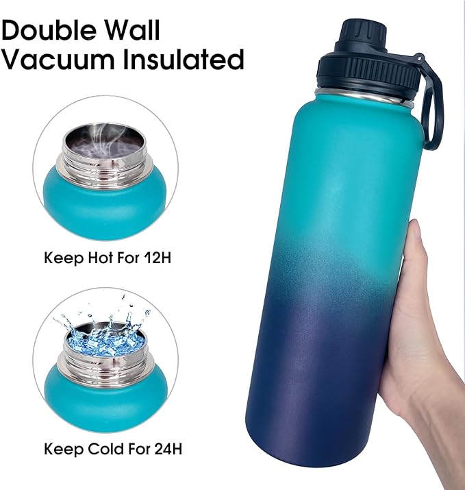 4pack 40 oz Insulated Water Bottle With Straw, Stainless Steel Sports Water Cup Flask with 2 Lids, Wide Mouth Travel Thermal Mug,Blue gradient