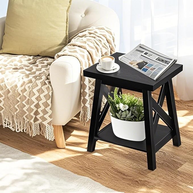 Black End Table, 2-Tier End Tables Living Room, Wood Side Table, Modern Side Table