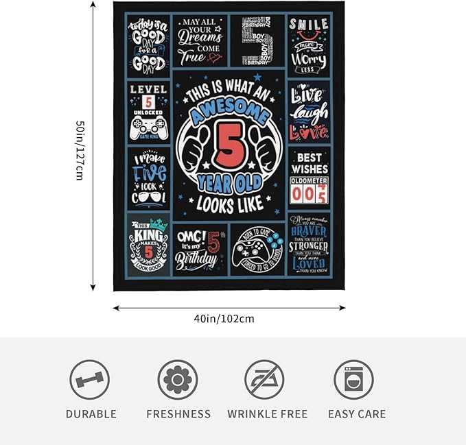 5 Year Old Boy Birthday Gift Throw Blanket 50" x 40", Best Gifts for 5 Year Old Boys, 5 Year Old Boy Birthday Gift Ideas, Birthday Gift for 5Yr Old Boy, Five Year Old Boy Gifts, Present for Boys Age 5