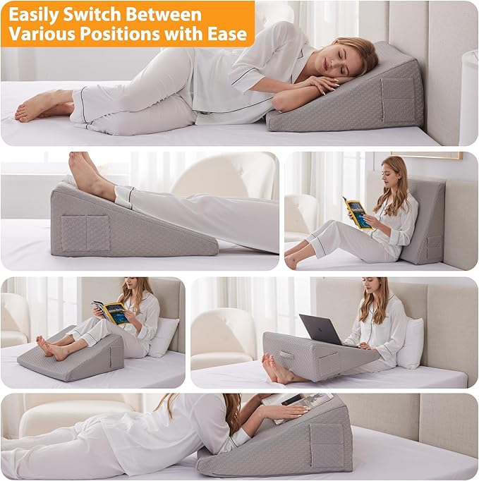 Bed Wedge Pillow for Sleeping, 7.5" Wedge Pillows for After Surgery, Soft Memory Foam Top, Triangle Pillow Wedge, Body Positioners for Leg Elevation, Acid Reflux, Gerd, Snoring Relief, Grey