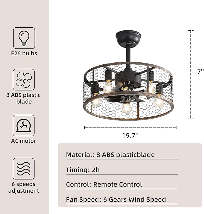 20" Caged Ceiling Fans with Lights and Remote & APP Control,E26 2700K Warm Lighting,6 Wind Speeds with Reverse Mode.Retro Chandeliers for Dining Room with Fan (Black)