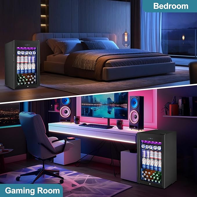 Beverage Refrigerator Cooler, 128 Cans 3.2 Cu.Ft Mini Fridge Glass Door for Drink Beer Soda Wine, Small Fridge with 4 Adjustable Removable Shelves for Kitchen, Bedroom, Office, Bar, Gaming Room, Black