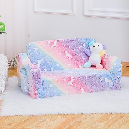 Baby Toddler Sofa Couch for Kids Extra Wide 2-in-1 Toddler Kids Fold Out Couch Bed for Playroom, Pull Out Children Convertible Sofa to Lounger for Boys & Girls with Double Pockets, Pink Horse