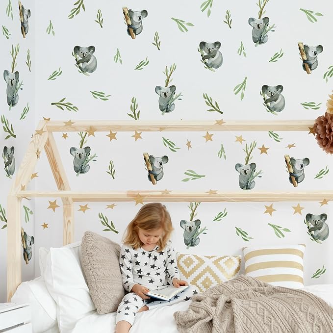 5 Sheets Cartoon Animal Wall Decal Removable DIY Koala Wall Decal Peel and Stick Branch and Leaves Wall Stickers Wall Art for Baby Nursery Bedroom Living Room Playroom Decor