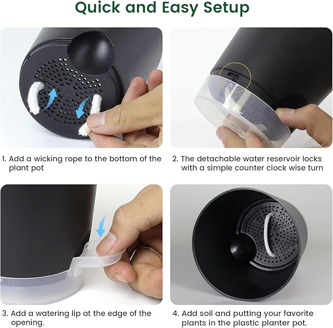 4 inch Self Watering Pots for Indoor Plants, 5 Pack Small Flower Plant Pots with Drainage Holes and Clear Reservoirs, Visible Water Level, Plastic Planters with Wicking Rope, Black