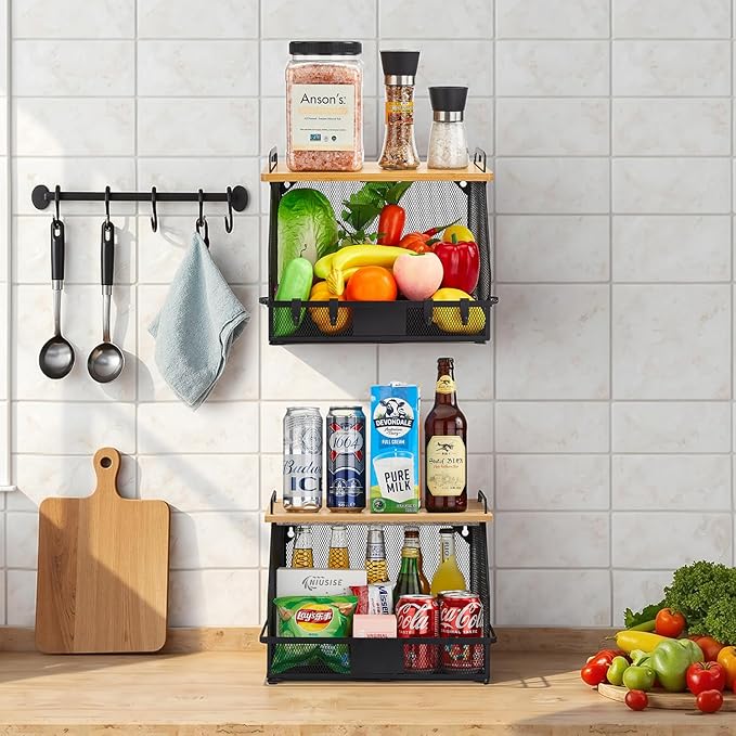 1 SET Large fruit basket for kitchen counter-stackable basket with Bamboo Tops & Tag,hanging wall baske,for Cabinet Shelf Countertop pantry storaget, onion potato Vegs Bread Food Organizing Bin,BLACK