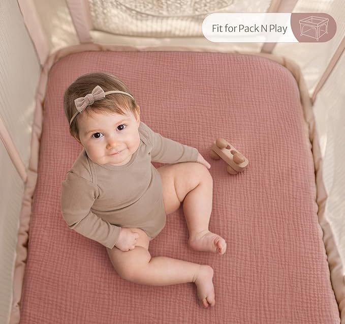 Blissful Diary Muslin Mini Crib Sheets, Pack and Play Mattress Sheets Fitted for Pack N Play, Soft Cotton for Boys Girls, 2 Pack(Dusty Pink&Rainbow)