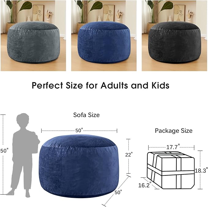 Bean Bag Chairs for Adults - Memory Foam Furniture BeanBag Chair - Kids/Teens Sofa with Soft Micro Fiber Cover - Round Fluffy Couch for Living Room Bedroom College Dorm - 5 ft, Navy