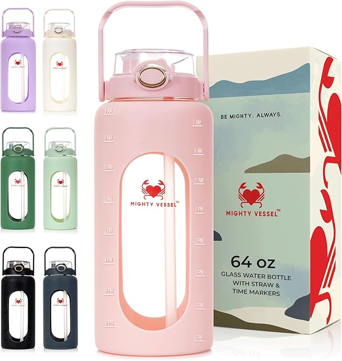 64oz Glass Water Bottle | Pink Water Bottle with Straw & Time Marker | Half Gallon Water Bottle with Measurements & Silicone Sleeve | Suitable for Travel, Gym, Sports & Daily Intake