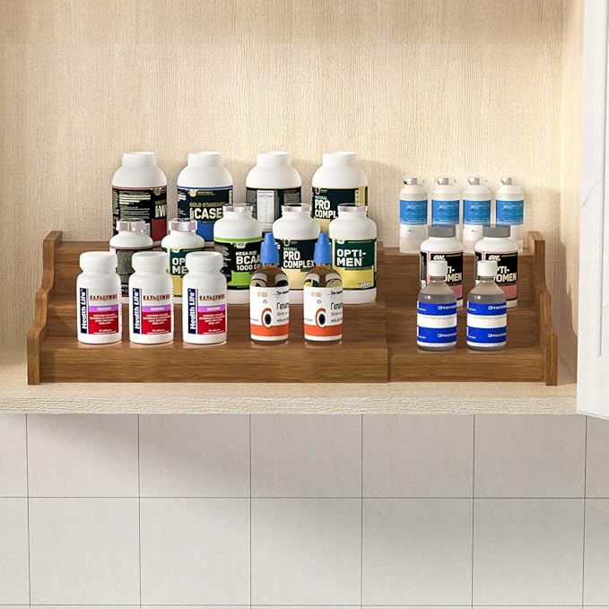 Bamboo Spice Rack Cabinet Organizer - 3 Tier Wooden Expandable Walnut Display Shelf